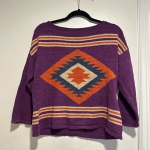 Chaps Large Cotton Purple Aztec Round Neck 3/4 Sleeve Pullover Sweater.